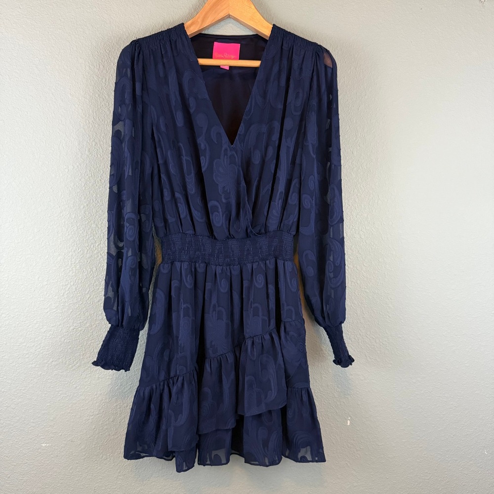 Lilly Pulitzer Navy Blue Fil Coupe Jacquard Smocked Mini Dress Womens Size 12
